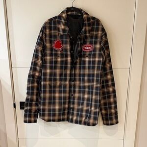 Men's Moncler Padded Shirt Plaid Jacket with Red Accents